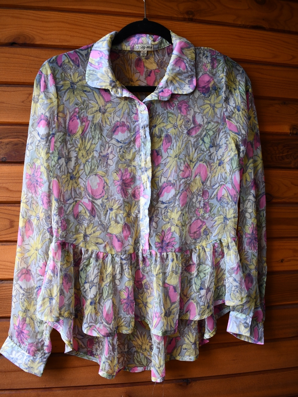 Lily White Sheer Floral Button-Down Peplum Blouse Made In USA
